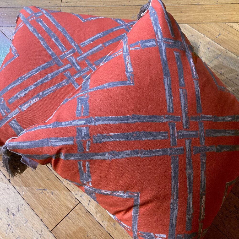 Lacefield outdoor pillows bamboo trellis imperial lattice red gray chinoiserie